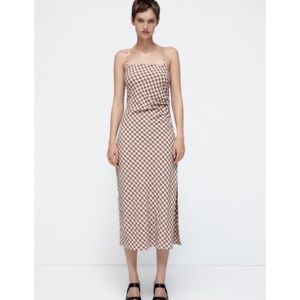 NWT Zara Brown Cream Buffalo Print Long dress Size Medium M Midi Maxi